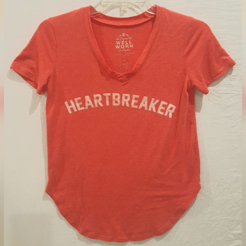 Well Worn "Heartbreaker" V Short Sleeve Tee --  Sm. Cool  Tint Blood Orange